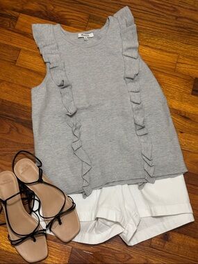 Madewell Light Gray Ruffle Detail Knit Top